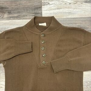 Vintage 80s US Army Brown‎ Mens S Henley 5-Button Knitted Military Drill Sweater